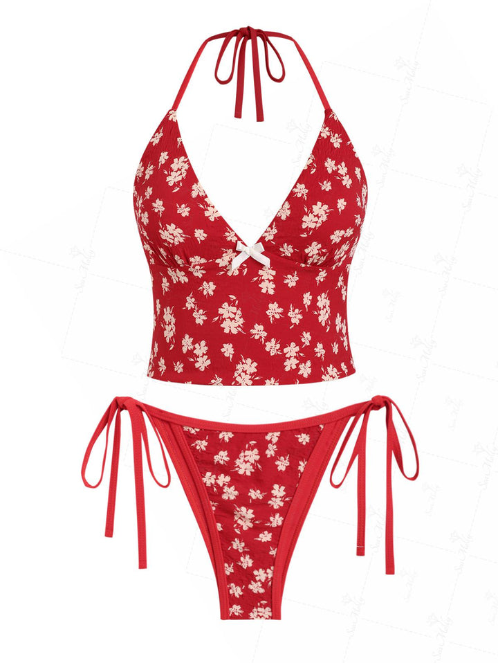 Seamolly Floral Print Bowknot Decor Halter Tied Back Tie Side Tankini Set