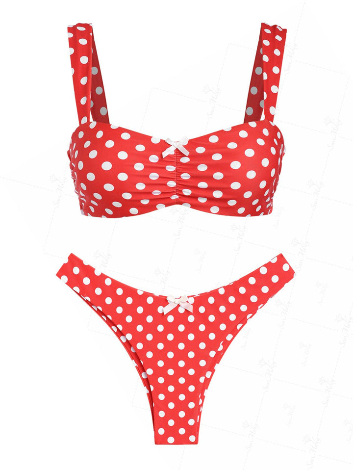 Seamolly Vintage Polka Dots Ruched Bowknot Decor Cheeky Bikini Set