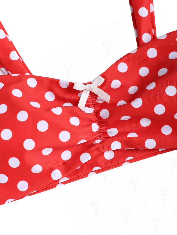 Seamolly Vintage Polka Dots Ruched Bowknot Decor Cheeky Bikini Set