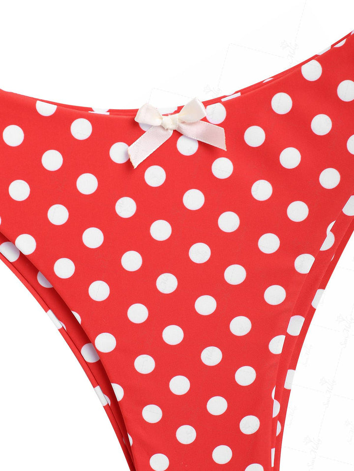 Seamolly Vintage Polka Dots Ruched Bowknot Decor Cheeky Bikini Set