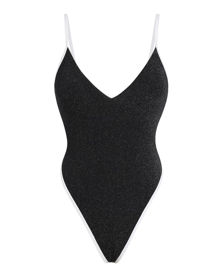 Seamolly Lurex Contrast Color Tied Back Plunging Neck One-piece Swimsuit