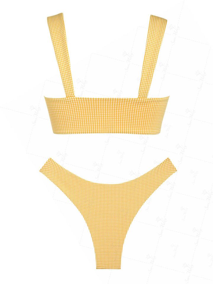 Seamolly Gingham Ruched Bowknot Decor Cheeky Bikini Set