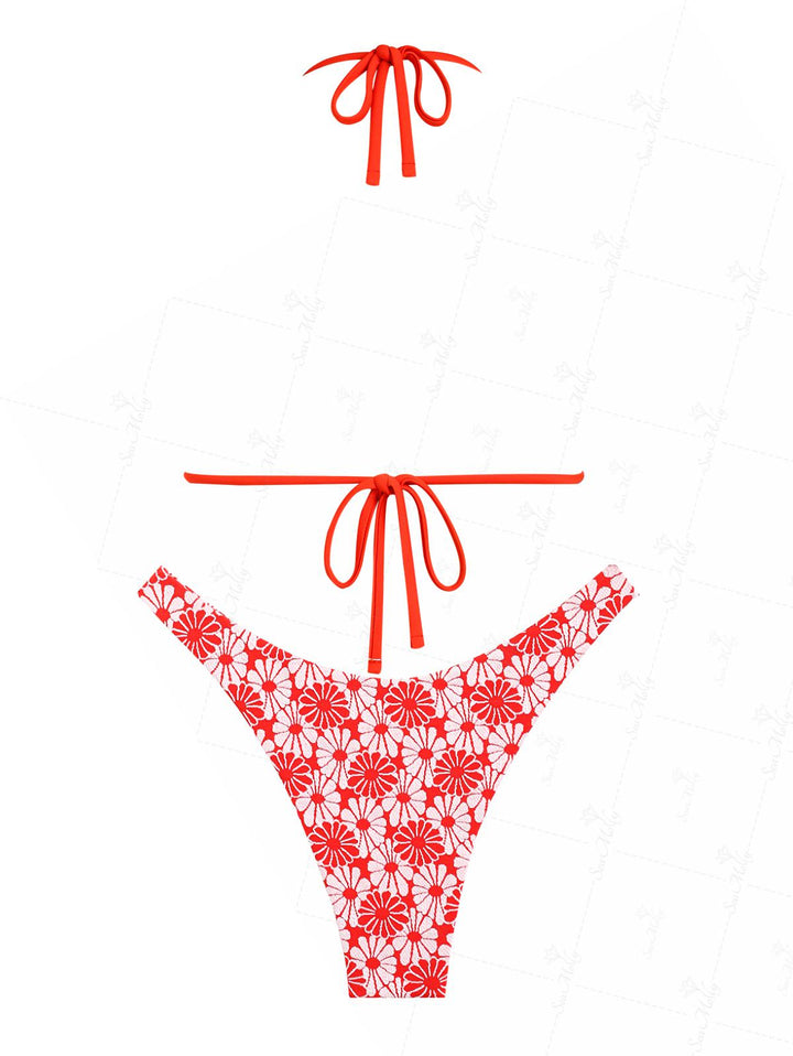 Seamolly Floral Jacquard Shell Decor Halter Triangle Bikini Set