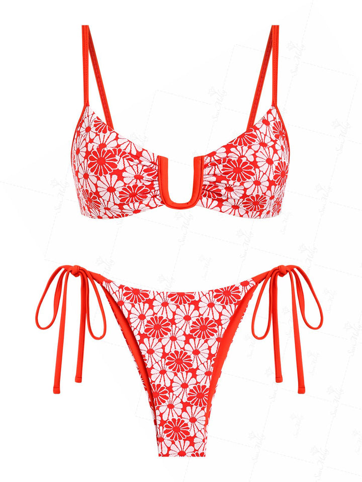 Seamolly Contrast Color Floral Jacquard U-ring Tie Side Bikini Set