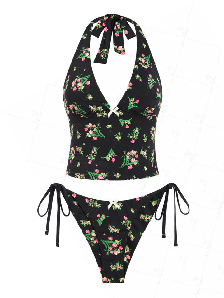 Seamolly Ditsy Floral Halter Tied Top & Tie Side Brazilian Bottom Tankini Set