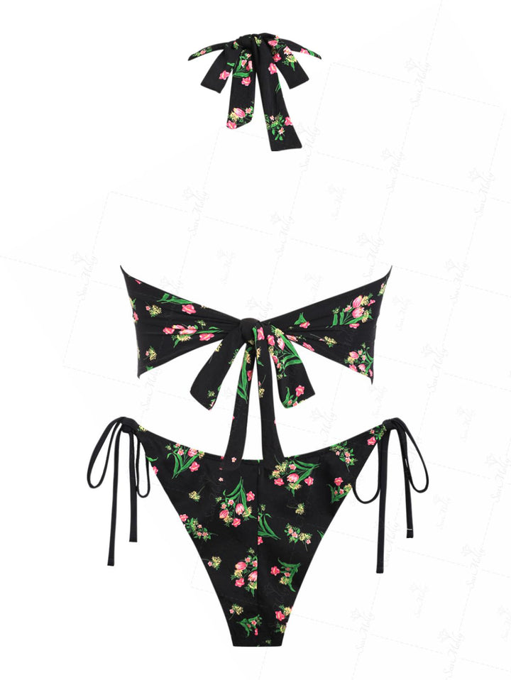 Seamolly Ditsy Floral Halter Tied Top & Tie Side Brazilian Bottom Tankini Set