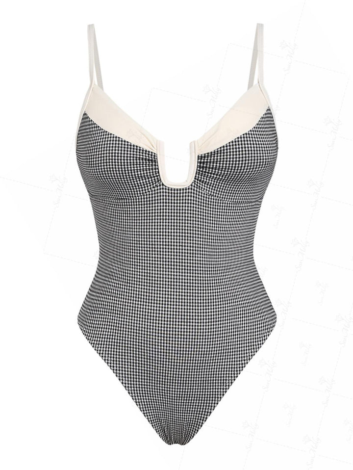 Seamolly Vintage Gingham Ruched Spliced U-ring One-piece Swimsuit