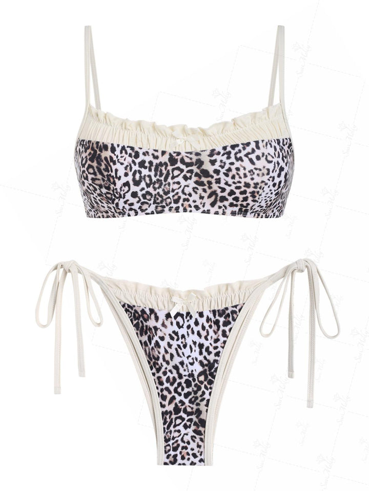 Seamolly Vintage Contrast Binding Leopard Spliced Ruched Ruffles Tie Side Bikini Set