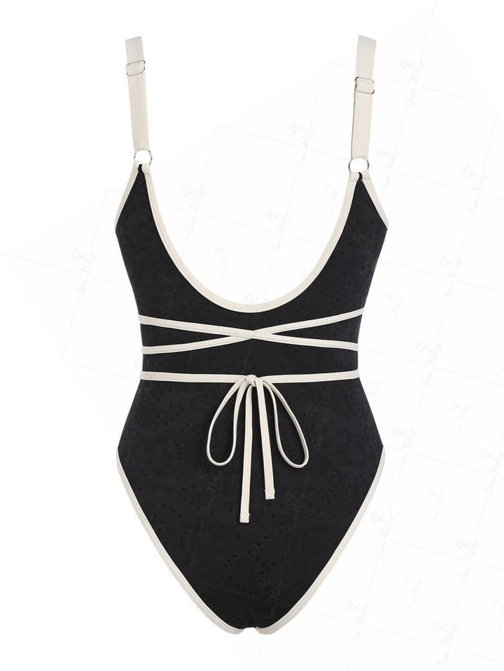 Seamolly Vintage Lace Jacquard Contrast Color One-piece Swimsuit