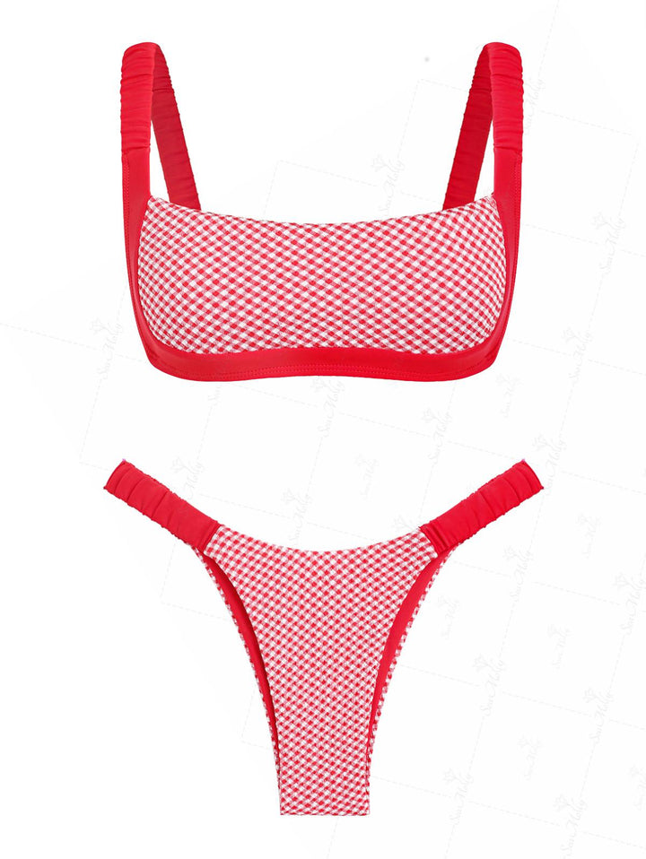 Seamolly Contrast Color Red Gingham Spliced High Leg Cheeky Bikini Set