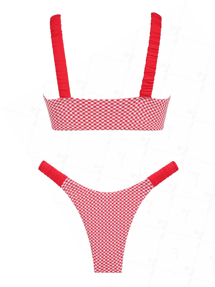 Seamolly Contrast Color Red Gingham Spliced High Leg Cheeky Bikini Set