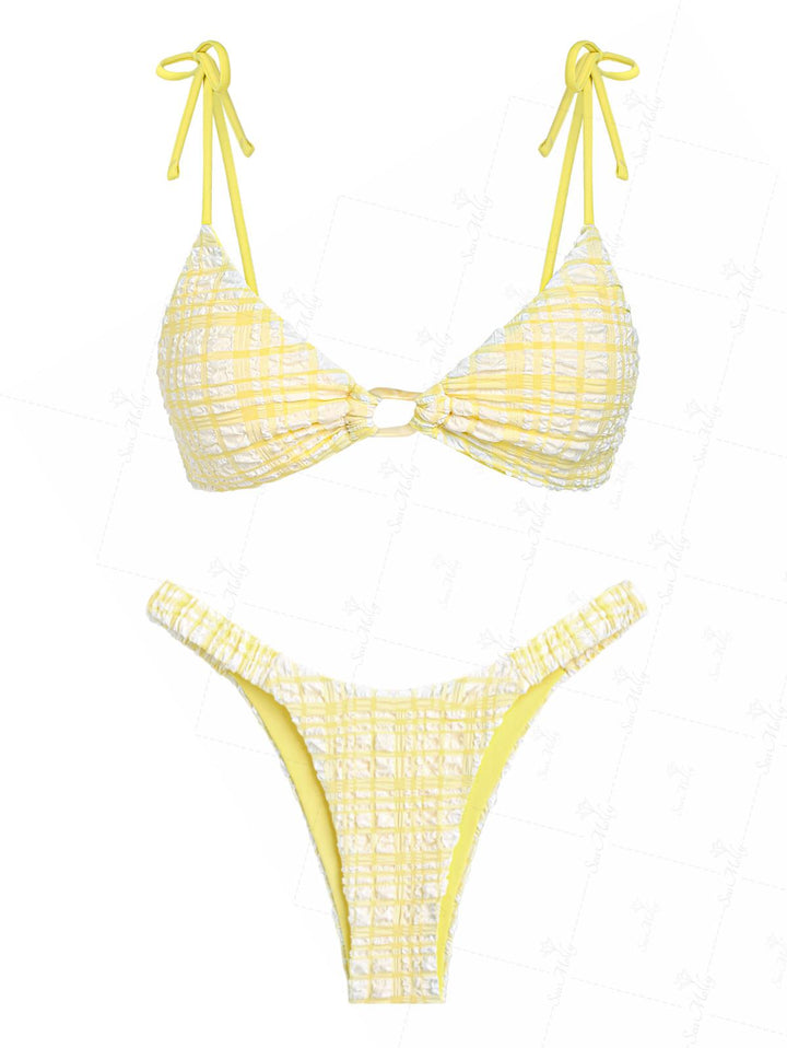 Seamolly Gingham Contrast Color Tied Shoulder High Leg Bikini Set