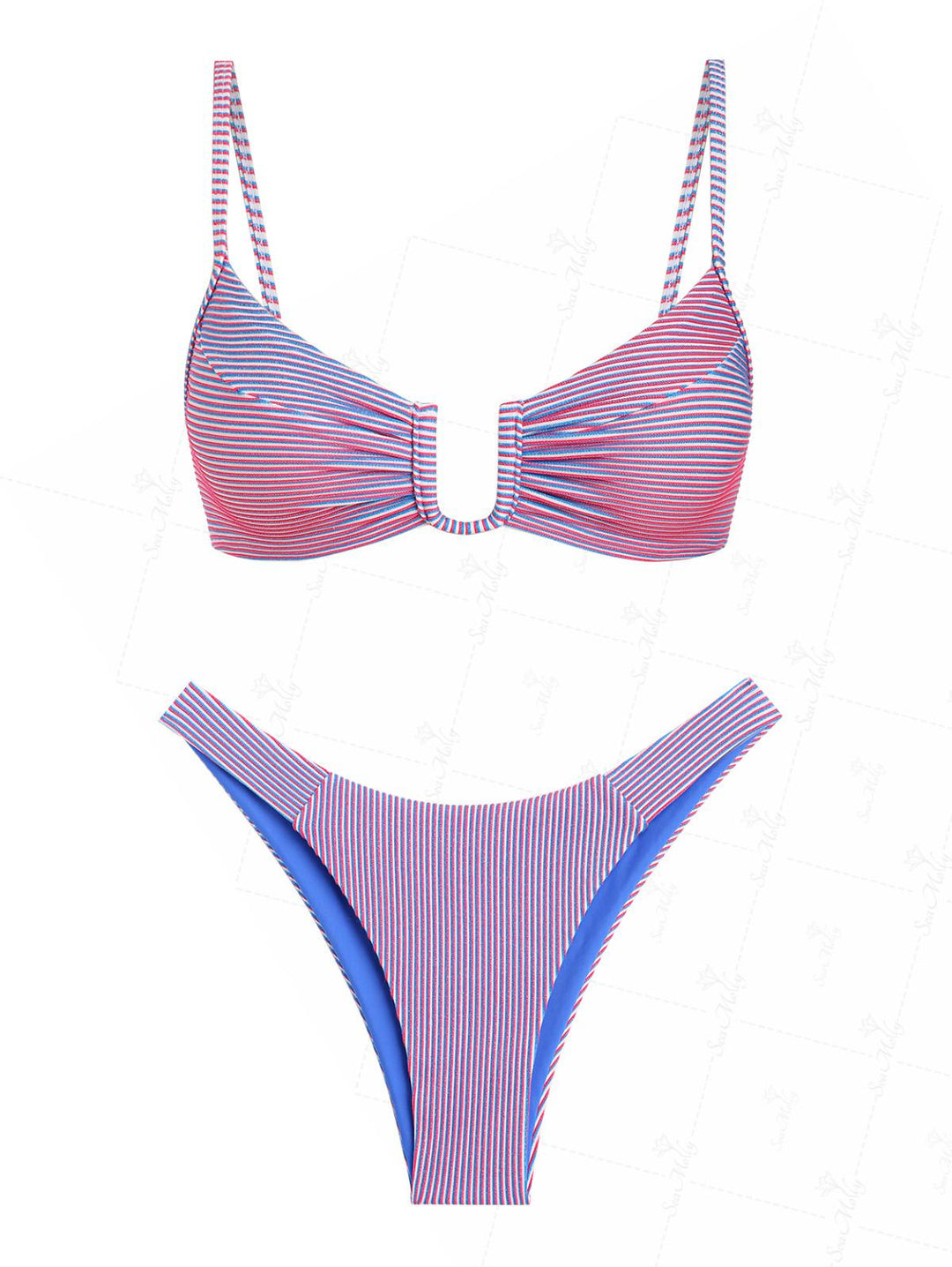 Seamolly Lurex Contrast Color Stripes U-ring Cheeky Bikini Set