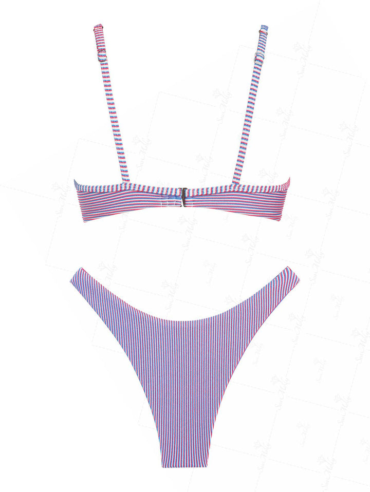 Seamolly Lurex Contrast Color Stripes U-ring Cheeky Bikini Set