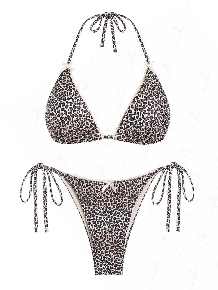 Seamolly Leopard Lace Trim Bowknot Decor Halter Triangle Tie Side Bikini Set