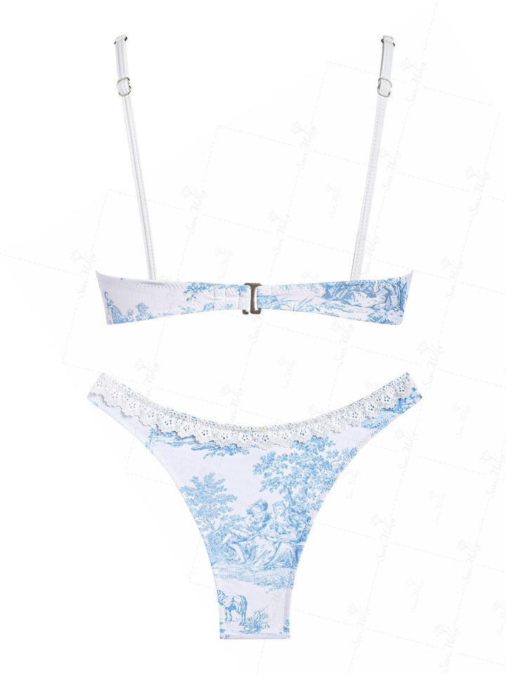 Seamolly Toile de Jouy Print Lace Trim Bowknot Decor Underwire Bikini Set