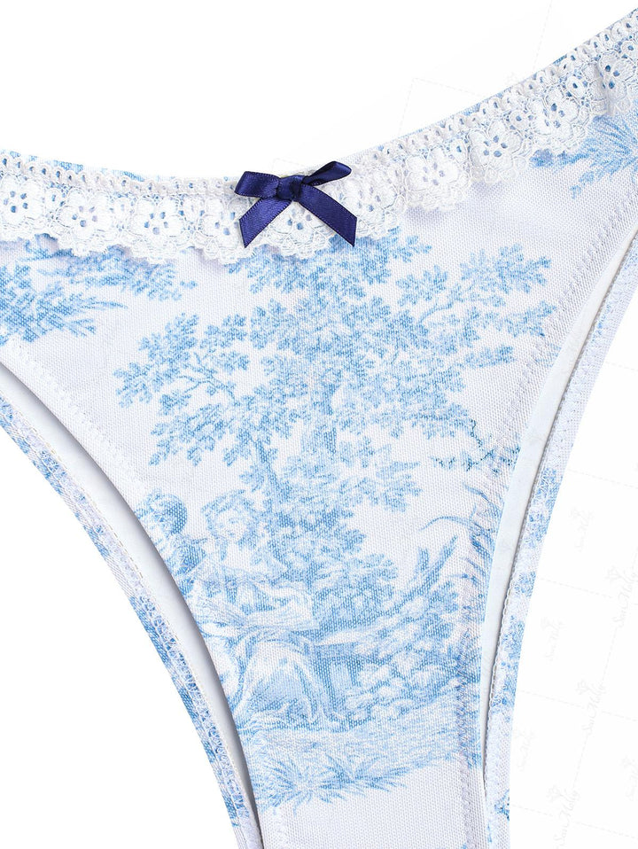 Seamolly Toile de Jouy Print Lace Trim Bowknot Decor Underwire Bikini Set