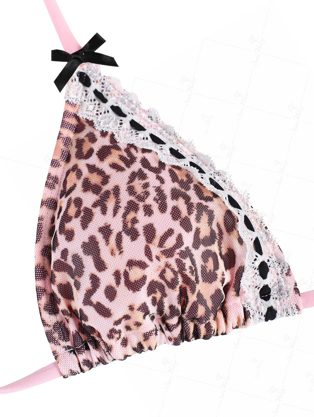 Seamolly Leopard Print Lace Bowknot Halter Triangle Tie Side Bikini Set