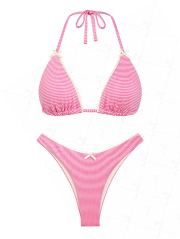 Seamolly Pink Gingham Bow Decor Halter Triangle String Tie Side Bikini Set