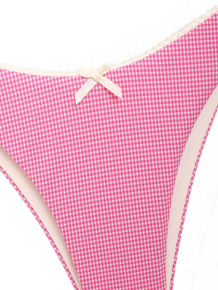 Seamolly Gingham Lace Trim Bowknot Decor Halter Triangle Cheeky Bikini Set