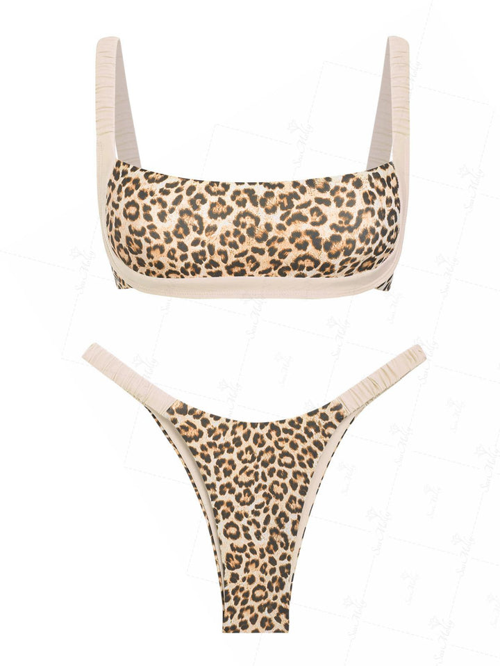 Seamolly Leopard Contrast Color Ruched Design High Leg Skimpy Bikini Set