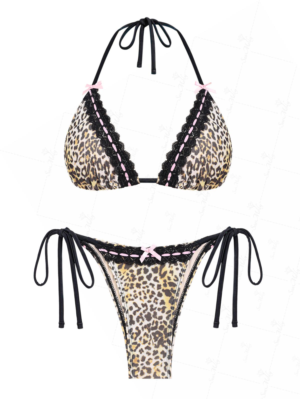 Seamolly Leopard Lace Trim Bowknot Decor Halter Triangle Skimpy Bikini Set