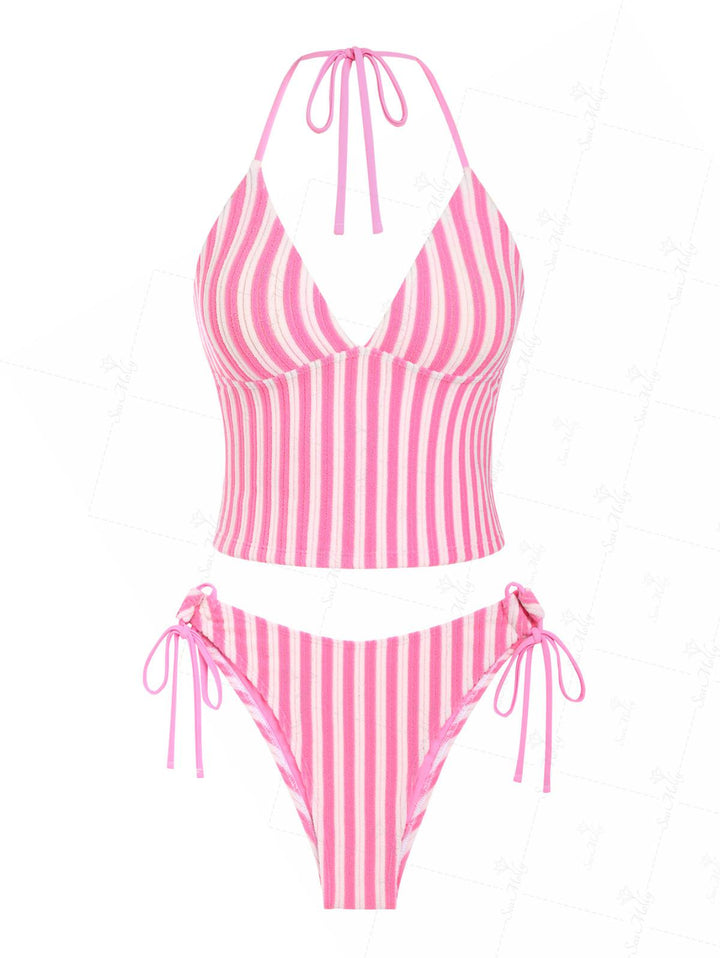 Seamolly Terry Cloth Contrast Color Striped Halter Tie Side Tankini Set