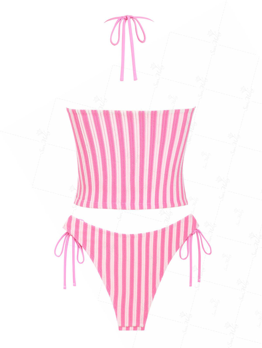 Seamolly Terry Cloth Contrast Color Striped Halter Tie Side Tankini Set