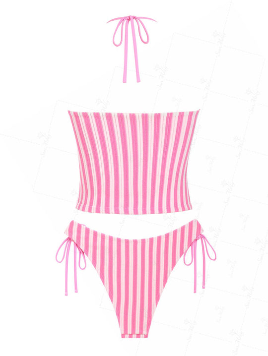 Seamolly Y2K Striped Ribbed Push Up Top & Cinched Cheeky Boyshorts Bikini Set