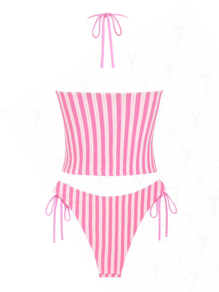 Seamolly Terry Cloth Contrast Color Striped Halter Tie Side Tankini Set