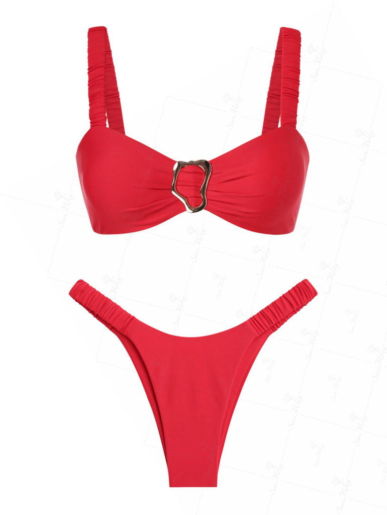 Seamolly Decorative Ring Elastic Straps Ruched High Leg Cheeky Bikini