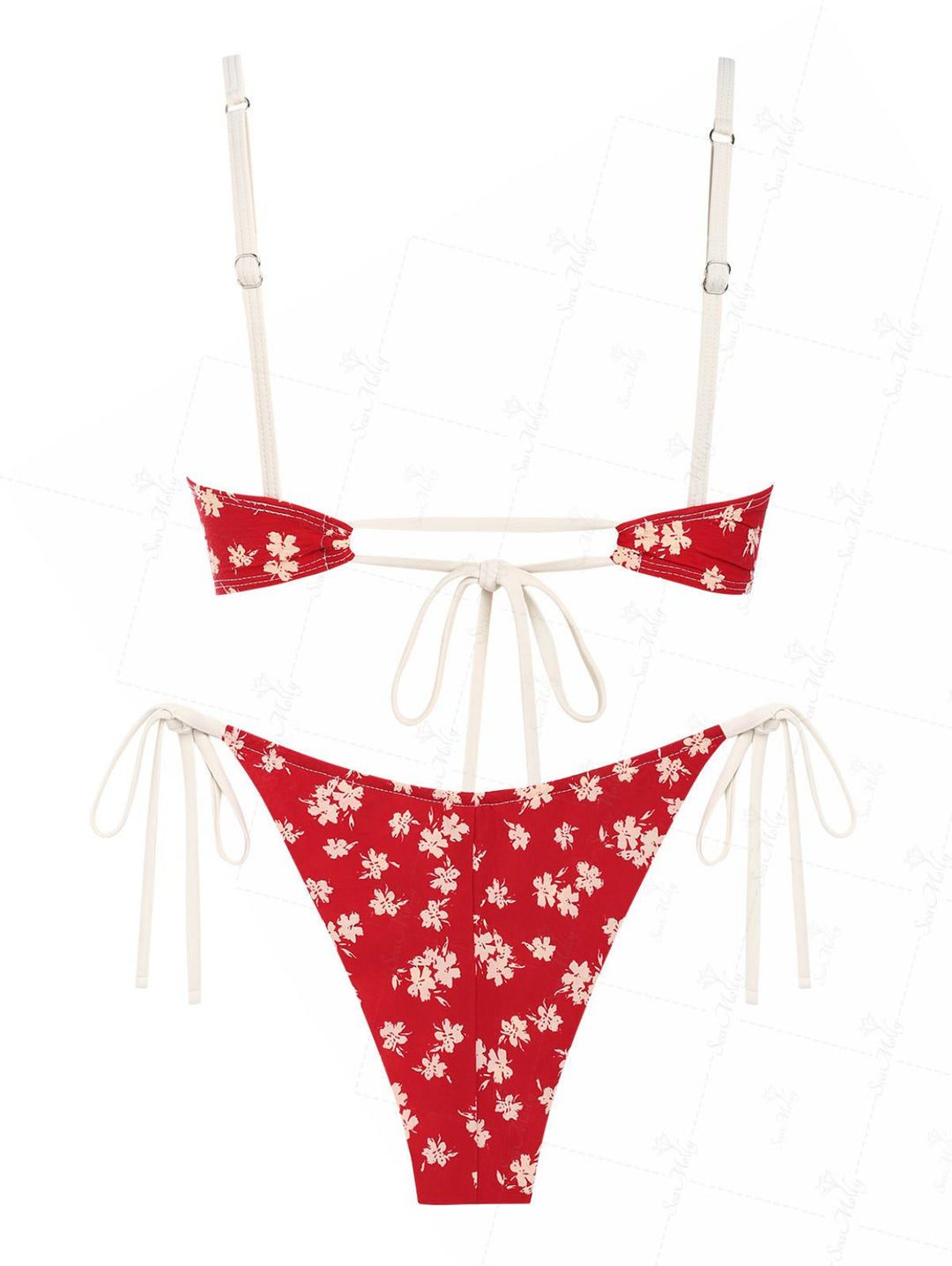 Seamolly Floral Print Ruched Ruffles Bowknot Decor Tie Side Brazilian Bikini Set