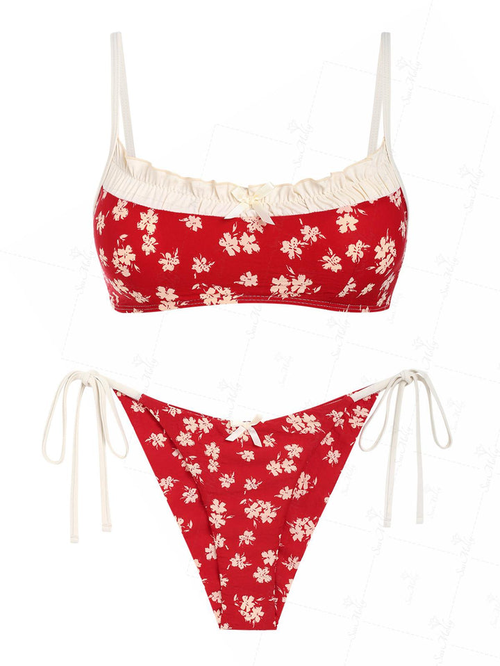 Seamolly Floral Print Ruched Ruffles Bowknot Decor Tie Side Brazilian Bikini Set