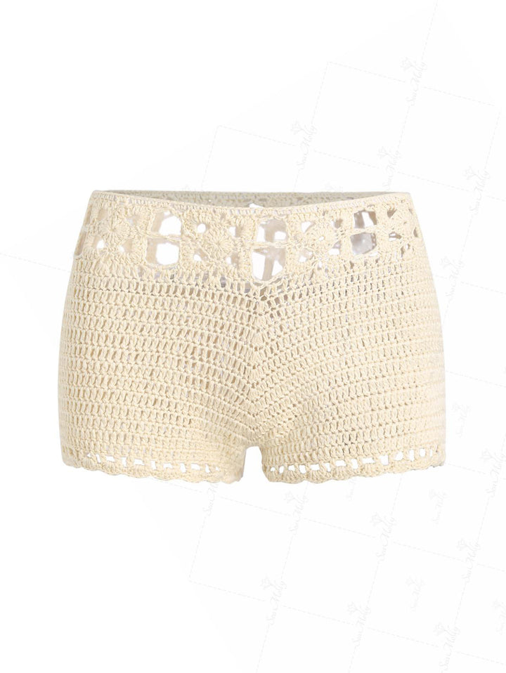 Vintage Crochet Knit Low Rise Beach Cover Up Mini Shorts