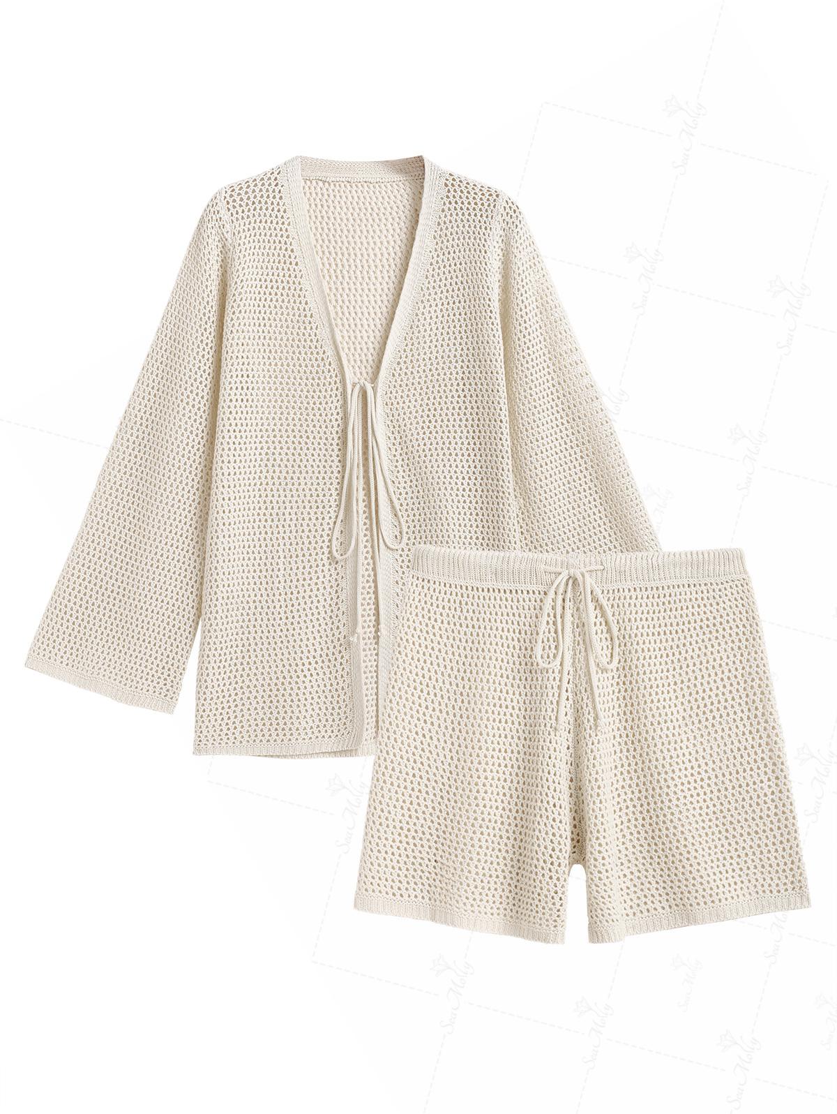 Solid Color Knit Openwork Tie Front Beach Cover Up Top And