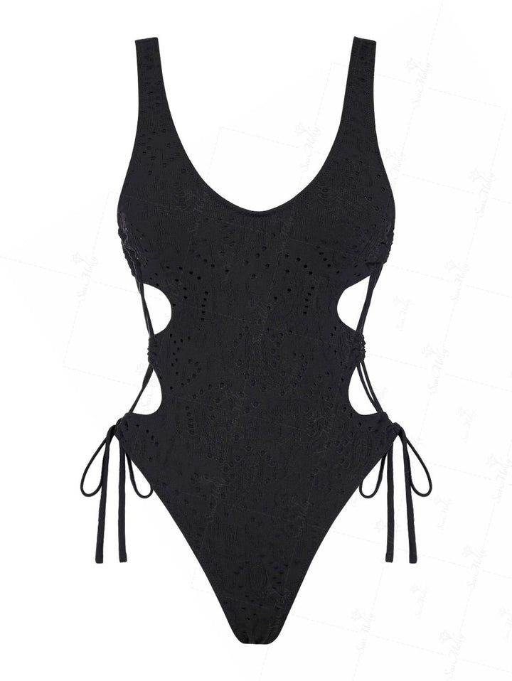 Seamolly Black Lace Jacquard Lace-up Side One-piece Swimsuit