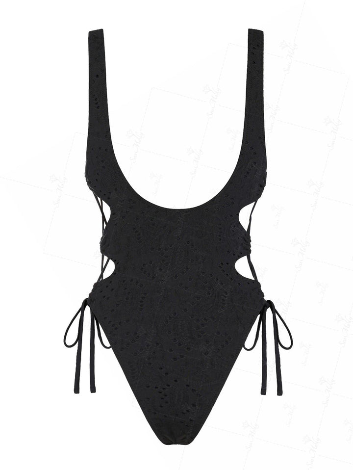 Seamolly Black Lace Jacquard Lace-up Side One-piece Swimsuit