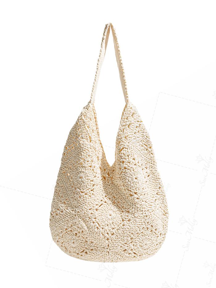 Hand Crocheted Hollow Out Floral Pattern Shoulder Handbag