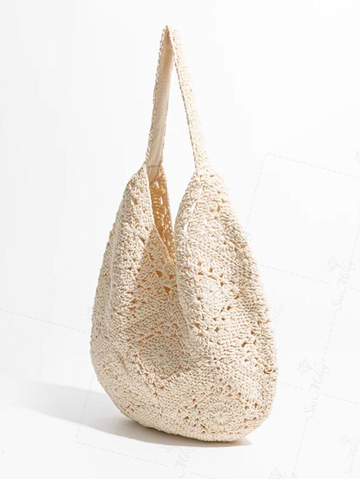 Hand Crocheted Hollow Out Floral Pattern Shoulder Handbag
