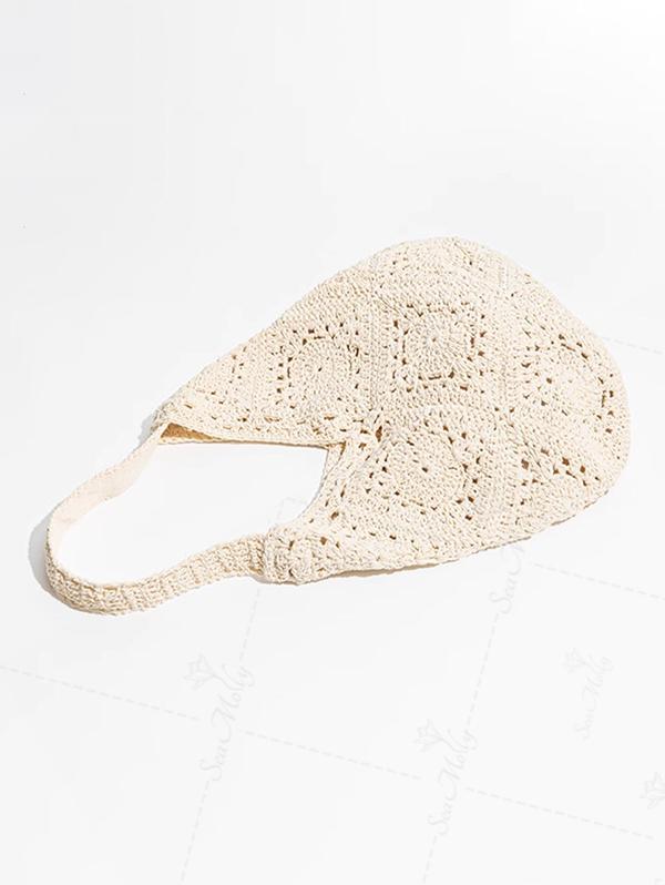 Hand Crocheted Hollow Out Floral Pattern Shoulder Handbag