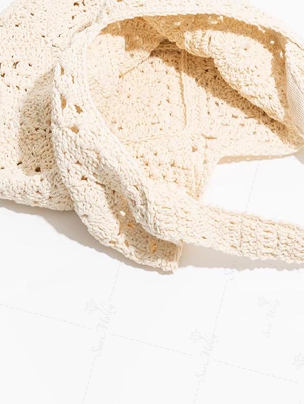 Hand Crocheted Hollow Out Floral Pattern Shoulder Handbag