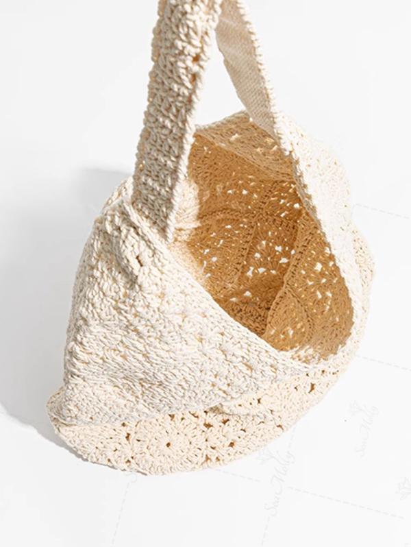 Hand Crocheted Hollow Out Floral Pattern Shoulder Handbag