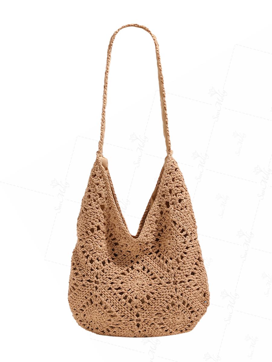 Crochet Hollow Out Floral Pattern Magnetic Closure Shoulder Bag