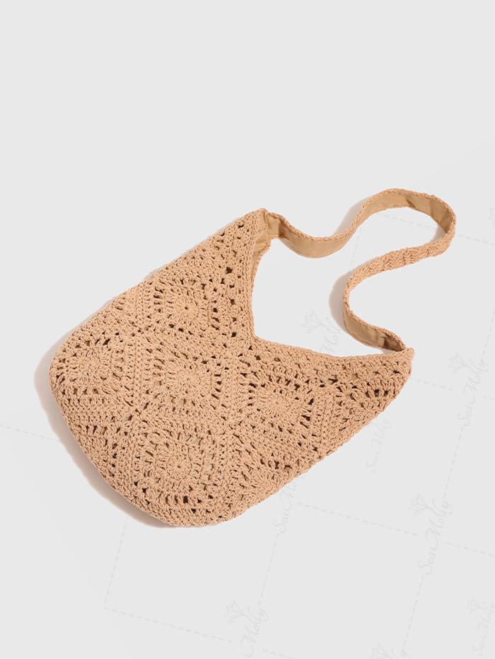 Crochet Hollow Out Floral Pattern Magnetic Closure Shoulder Bag