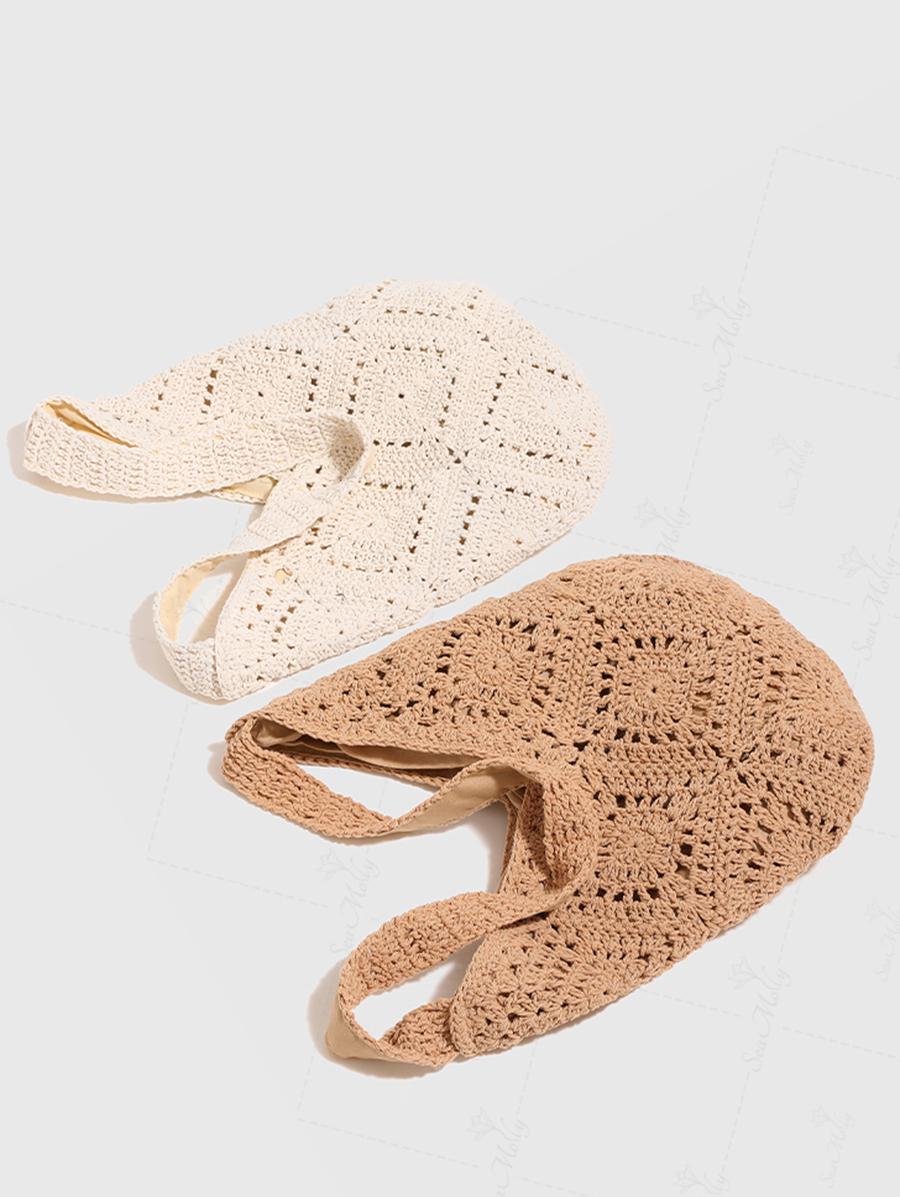 Crochet Hollow Out Floral Pattern Magnetic Closure Shoulder Bag