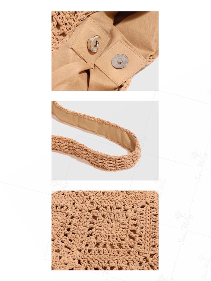 Crochet Hollow Out Floral Pattern Magnetic Closure Shoulder Bag