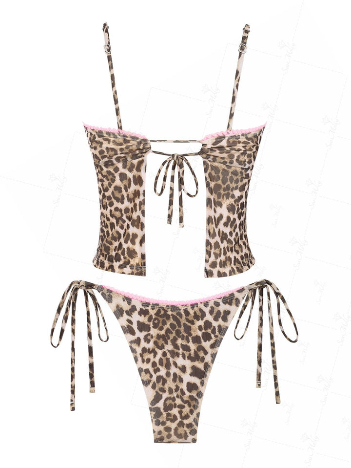 Seamolly Vintage Leopard Lace Trim Bowknot Decor Tie Side Tankini Set