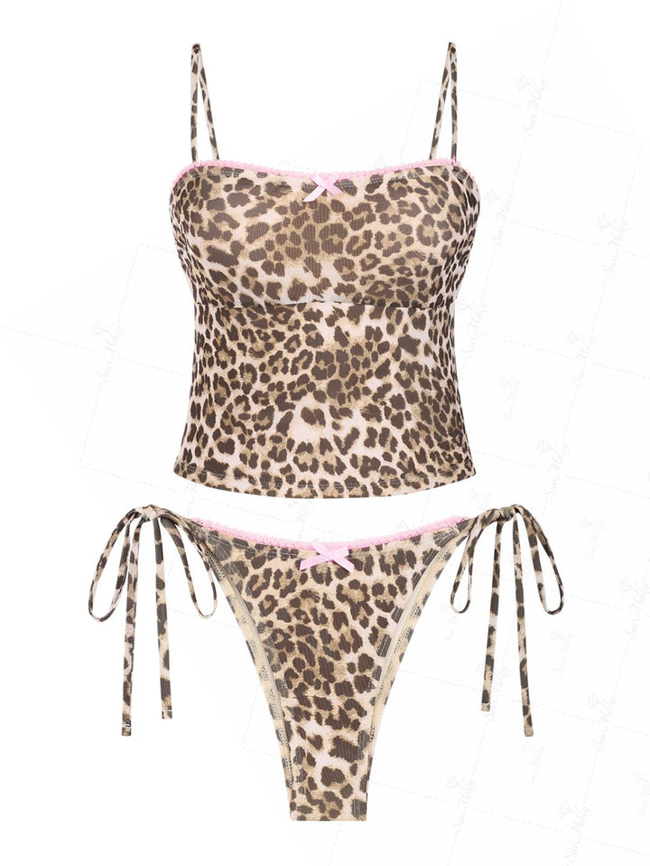 Seamolly Vintage Leopard Lace Trim Bowknot Decor Tie Side Tankini Set