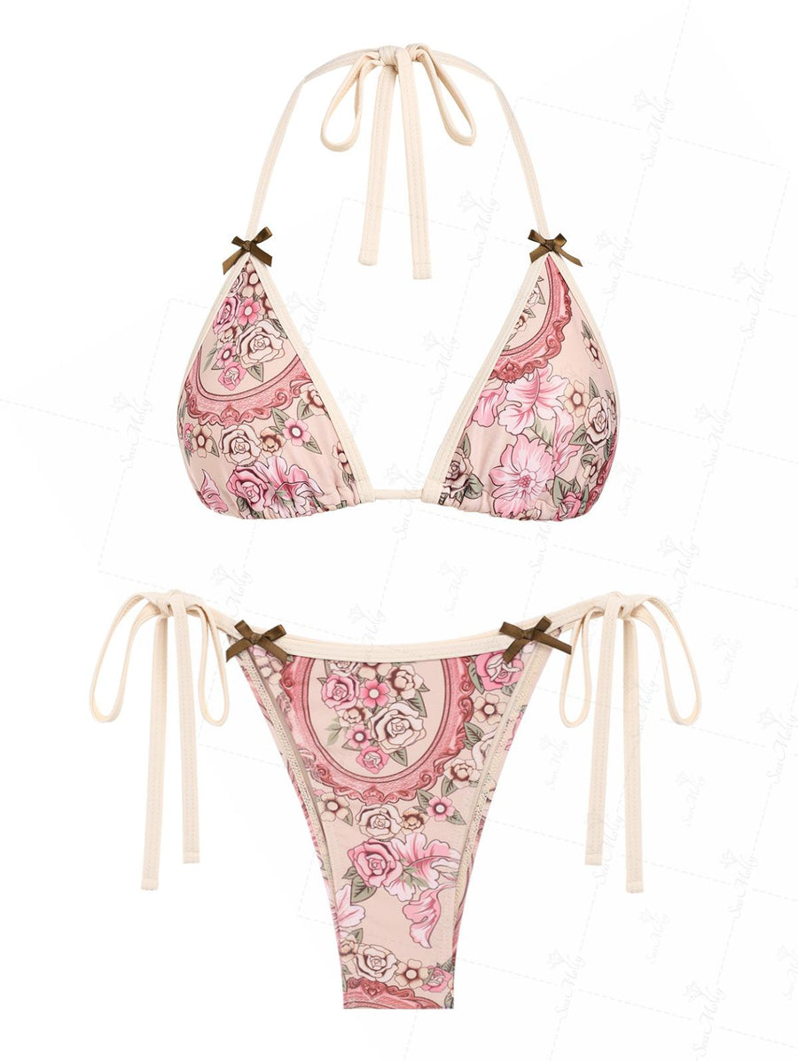 Seamolly Vintage Polka Dots Bowknot Decor Halter Triangle Tie Side Bikini Set