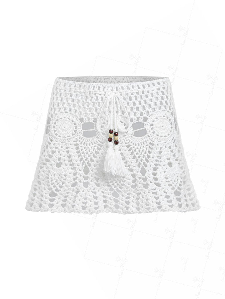 Crochet Openwork Beading Tassel Beach Cover Up Skirt
